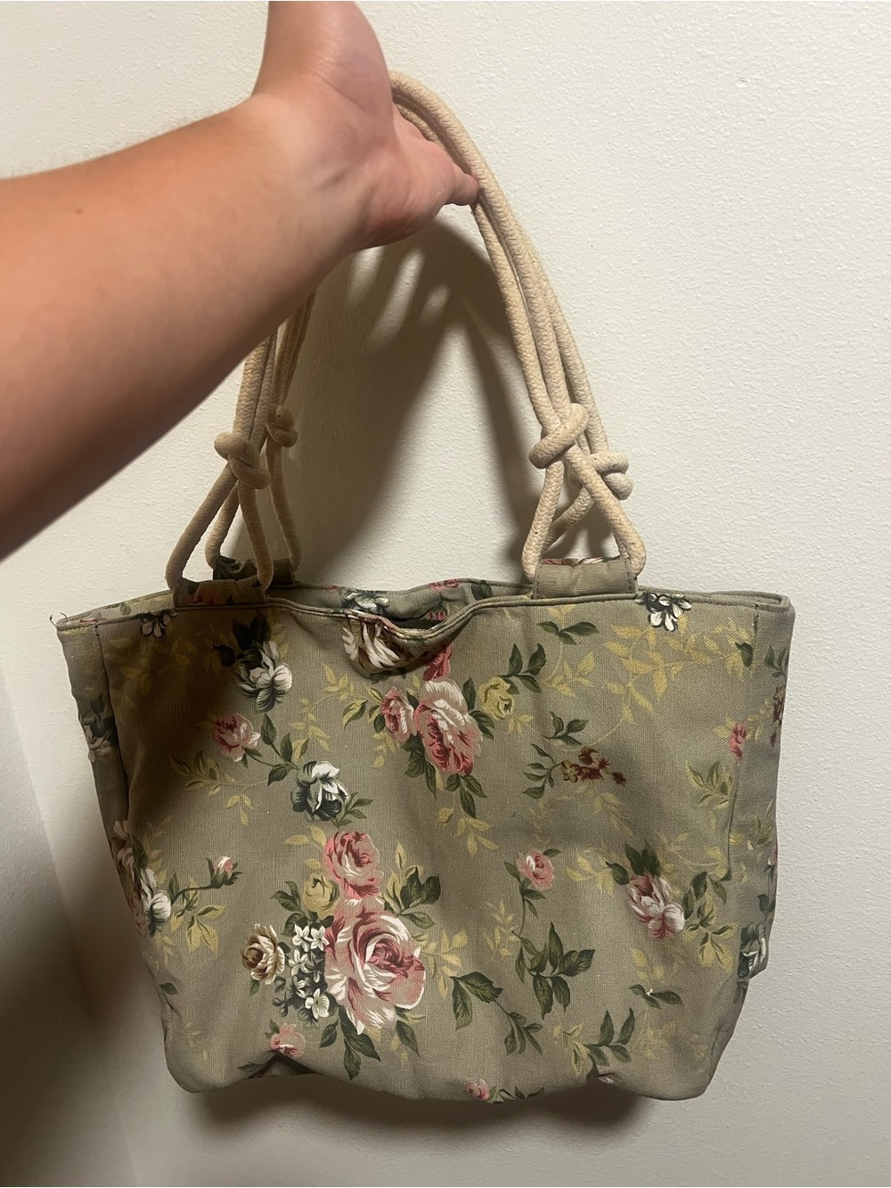 Floral Canvas Tote Bag with Rope Handles - Green Beige